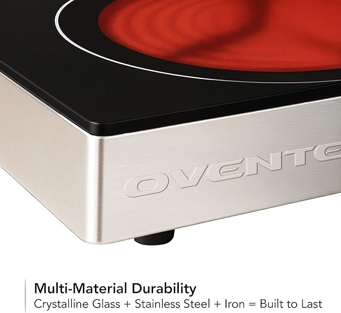 OVENTE Infrared Ceramic Single Burner, 1200W Electric Countertop Hot Plate with Black Crystalline Glass, Portable Stainless Steel Cooktop for Home, Office, or Dorm Use, Black BGI301GB