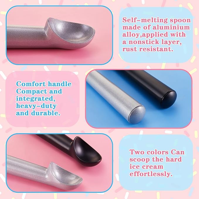 Gejoy 12 Pcs Ice Cream Scoops Bulk, 7 Inch Nonstick Anti Freeze Ice Cream Scooper Aluminum Design Dessert Spoon for Gelatos Frozen Yogurt Fruit Sundaes Sorbet Almond Cookie Dough(Black and Silver)
