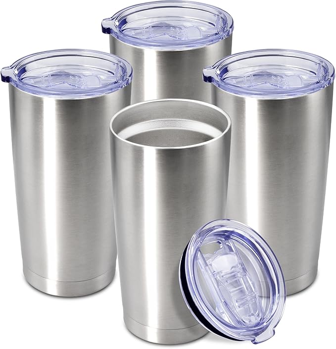 20 oz Tumbler Coffee Travel Tumblers Bulk with Lid Stainless Steel Double Wall Vacuum Insulated Mug Powder Coated Cups fit Car Cupholder for Hot and Cold - Stainless Steel, 4Pack