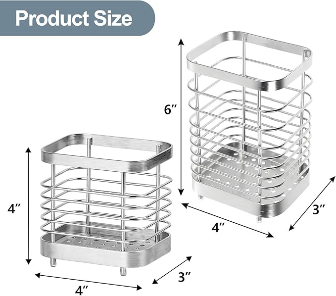 Utensil Holder, Stainless Steel Utensil Drying Rack for Kitchen Counter, Silverware Cutlery Flatware Holder Forks, Knives, Spoons, Chopsticks Organizer (Silver)