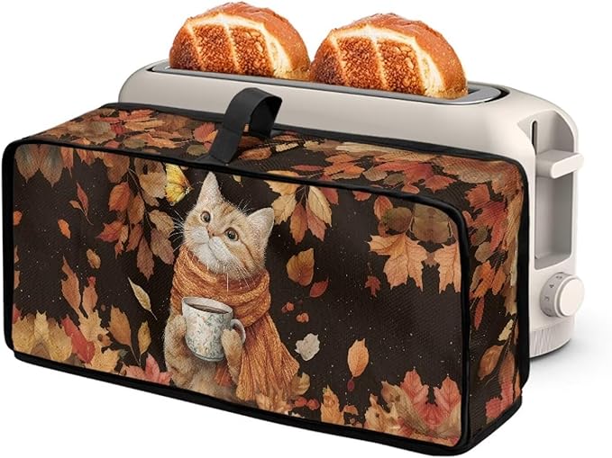 Thanksgiving Toaster Cover 2 Slice Water-Resistant Folding 2 Slice Slim Toaster Cover, Cat Maple Leaf Print Dustproof Protective Covers for Small Appliance