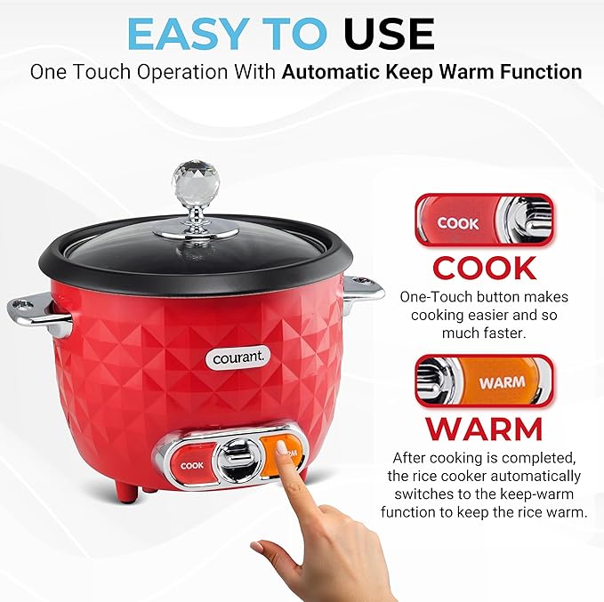 Courant Rice Cooker 10-Cup (Cooked) Steaming basket One-Touch Operation, Automatic Keep Warm Function, red