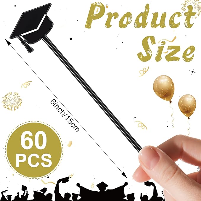 SiliFine 60 Pcs Graduation Cap Drink Stirrers Graduation Stir Sticks Coffee Stirrers Cocktail Mixers Plastic Swizzle Sticks Hot Cocoa Bar Supplies for Party Bar Coffee Tea Favors (Black)