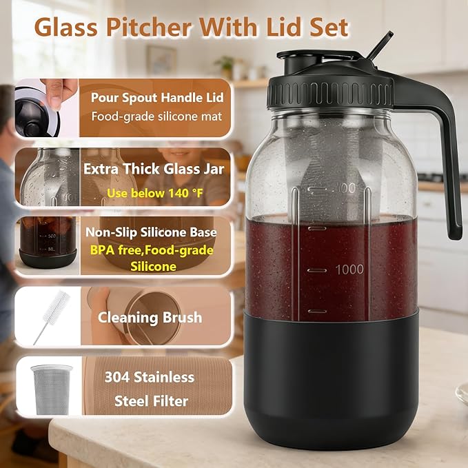Cold Brew Coffee Maker, 64oz Mason Jar Pitcher with Stainless Steel Filter, Leak-Proof Lid with Pour Spout & Handle, Heavy Duty Glass Iced Coffee Tea Brewer with Protective Silicone Sleeve-Black