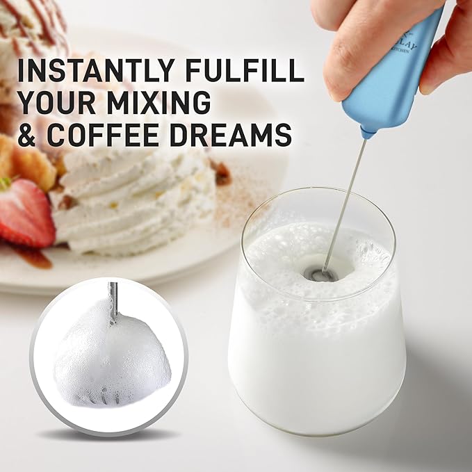 Mini & Mighty Milk Frother Wand – Powerful Handheld Coffee Frother, Battery Operated Drink Mixer – Compact Pocket Size – Detachable Whisk for Latte, Cappuccino, Matcha, Hot Chocolate – Metallic Blue