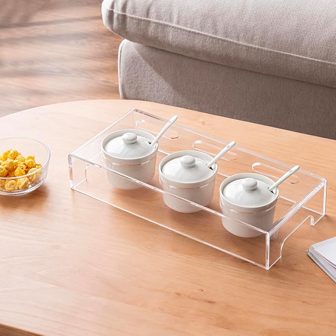 MyGift 10 Pcs Condiment Pot Serving Dishes Set, Clear Acrylic Server Tray and 3 Ceramic Ramekin Bowls with Lids and Spoons for Sauces, Dips, Hosting Essentials for Party
