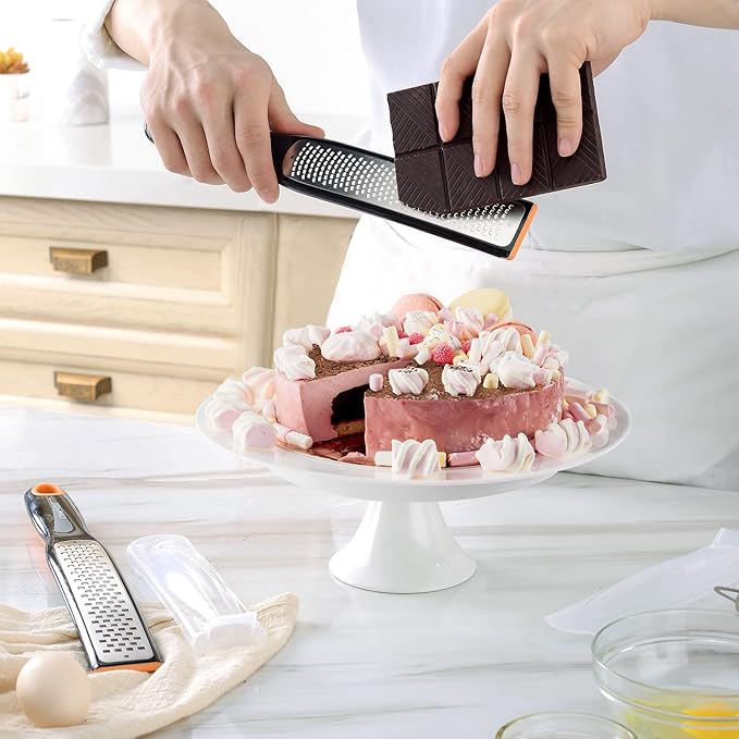 Cohesion Etched Zester & Grater Set of 2 - Kitchen Zester Tool for Lemon, Cheese, Garlic, Ginger, Nutmeg, Chocolate, Fruits, Vegetables - Sharp Premium Stainless Steel Blade with Protective Cover