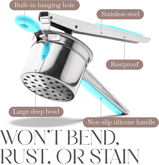 Bellemain Potato Ricer 15 oz with 3 Interchangeable Discs Mash Potato Masher Stainless Steel, Sweet Potato Masher Kitchen Tool Spaetzle Maker Press, Khuon Banh Lot, Spaetzle Noodle(AQUA BLUE), Medium