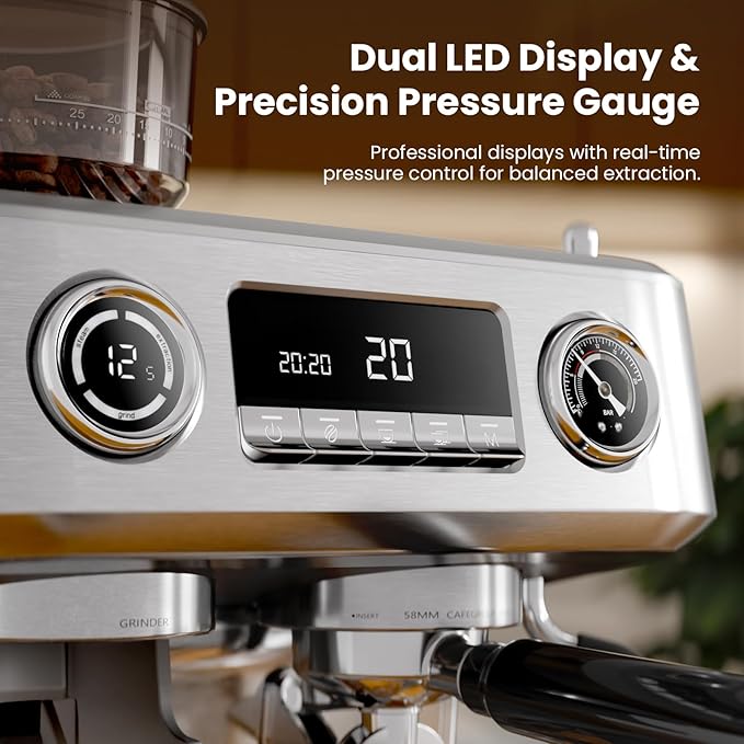 Kismile Dual Boiler Espresso Machine with Grinder, 20 Bar Espresso Maker with Milk Steamer & Hot Water, Dual LED Display, Pressure Gauge, Burr Grinder, coffee Machine for Home&Office, Stainless Steel