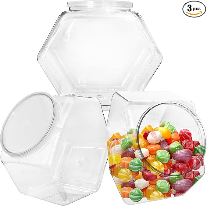 Woozettn 3 Pcs Plastic Candy Jars,Clear Cookie Jars 71 Oz for Kitchen Counter,Hexagon Cookie Jars with Lids,Plastic Dry Food Jar for Candy Buffet