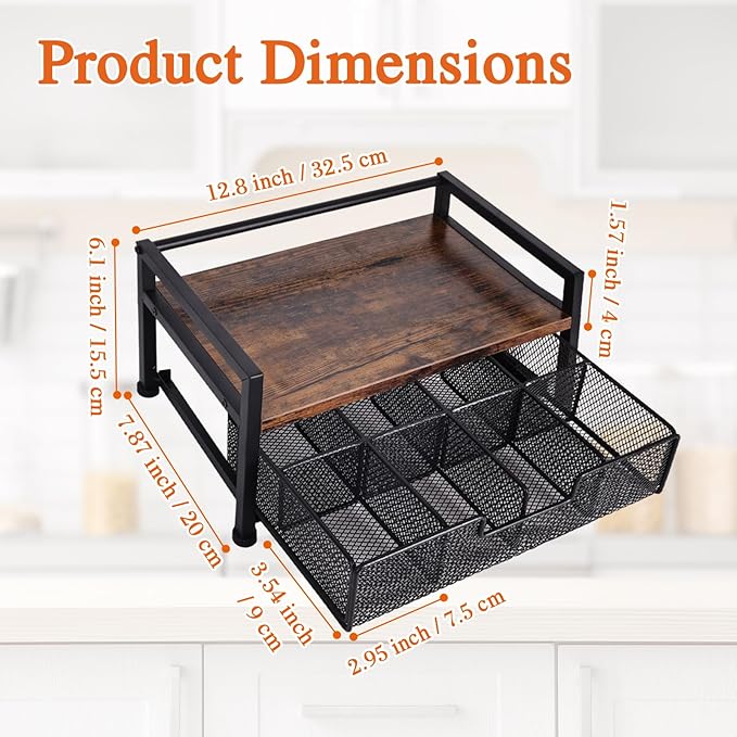Tea Bag Organizer, Wooden Tea Storage Box with Metal Drawer, 8-Compartment Tea Bag Holder, Tea Station Display Case for Countertop Kitchen, Office, Pantry