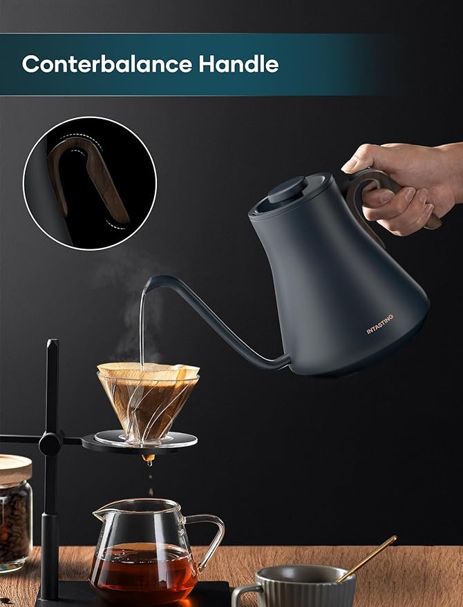INTASTING Electric Kettle, Gooseneck Electric Kettle, ±1℉ Precise Temperature Control, Stainless Steel Interior, Quick Heating for Pour Over Coffee, Tea & Boiling Water, 0.9L (Navy Blue)