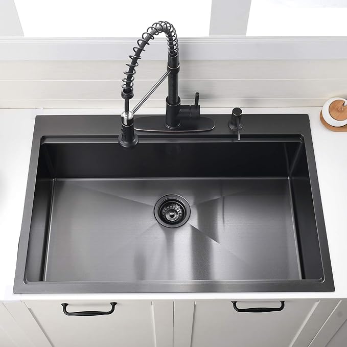33 Inch Black Drop In Kitchen Sink Workstation - VOKIM 33x22-Inch Drop In Sink Stainless Steel Top Mount 16 Gauge Single Bowl 10'' Deep Handmade Kitchen sink with Cutting Board& Strainer