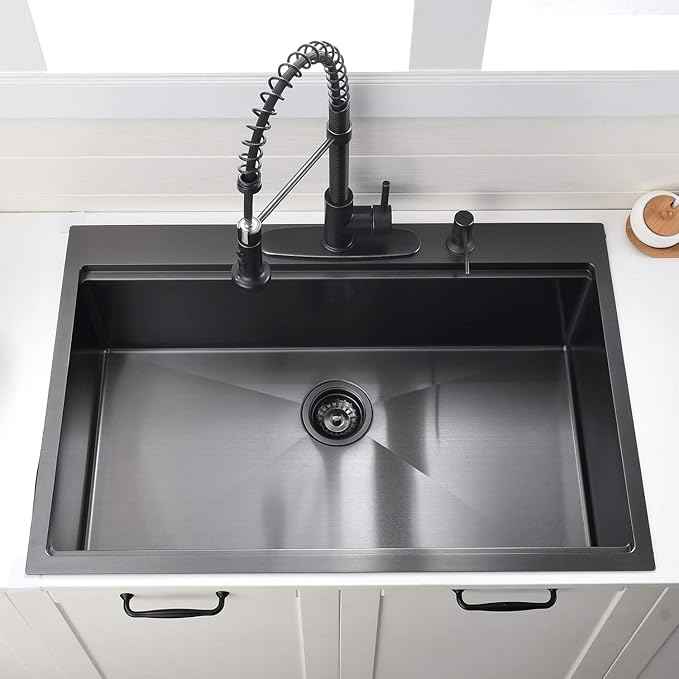 28 Inch Black Drop In Kitchen Sink Workstation - VOKIM 28x22-Inch Drop In sink 16 Gauge Stainless Steel 10'' Deep Single Bowl Handmade Kitchen Sink with Cutting Board & Strainer