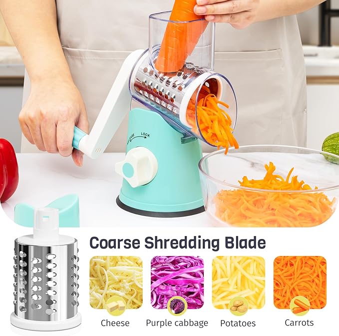 Rotary Cheese Grater Hand Crank, 3 Blades Slicer Shredder, Cheese Grater for Kitchen, Multi-Functional Kitchen Tool for Vegetables, Nuts, Chocolate, with Strong Suction Base, Blue