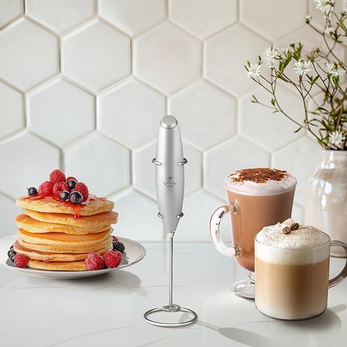 Zulay Kitchen Powerful Milk Frother Wand With 4 AA Duracell Batteries - Ultra Fast Handheld Drink Mixer - Electric Whisk Foam Maker for Coffee, Lattes, Cappuccino, Matcha & Creamer - Premium Silver