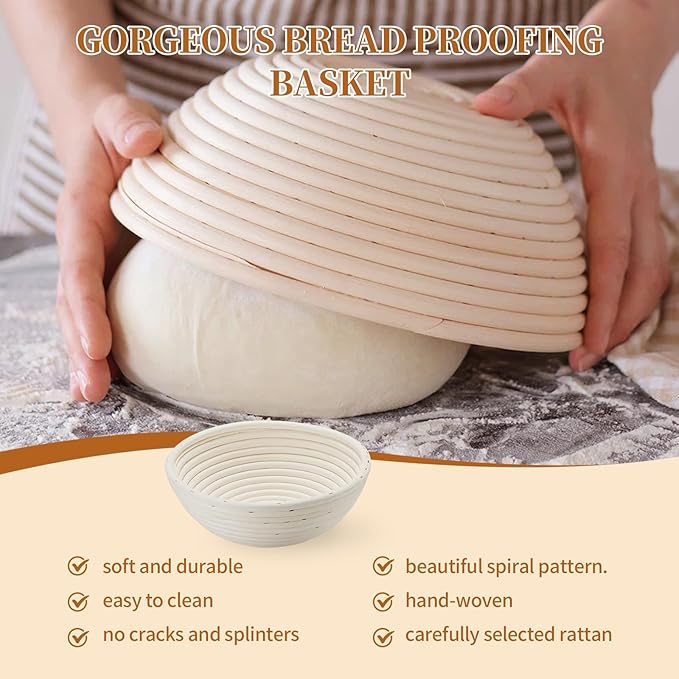 Dimpola Banneton Bread Proofing Basket Banneton Basket Set Sourdough Proofing Basket Round Proofing Bowls Handmade Rattan Baskets and Liners (Round of 1 Gift Set)
