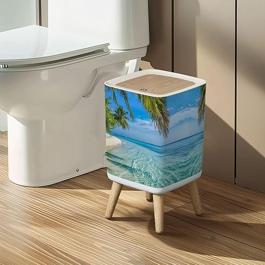 Small Trash Can with Lid Maldives Island Wastebasket with Press Cover Dog Proof Garbage Can Waste Bin for Kitchen Bathroom Nursery 2.6 Gallon