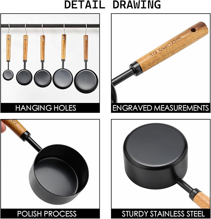 Measuring Cups and Spoons Set Stainless Steel Measuring Cups and Spoons with Wood Handle for Dry and Liquid Ingredient