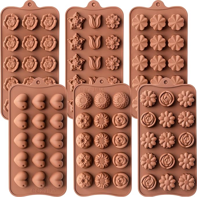 6 Pack Flower Shape Chocolate Candy Molds Silicone, Food-Grade Non-Stick Jelly & Baking Molds, Crayon Molds, BPA-Free, Including Heart, Rose, Tulip, Daisy, Sunflower, and Other Flowers (Brown)