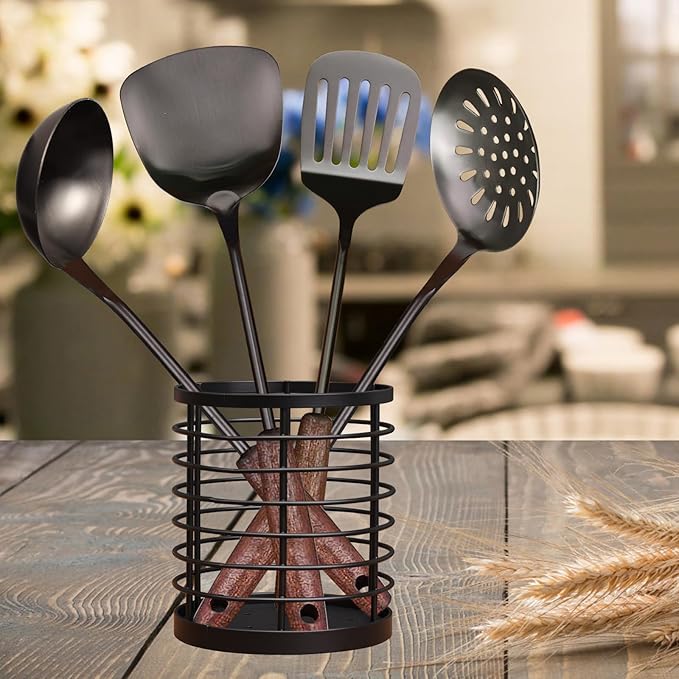 Utensil holder for Kitchen Counter - 5.2" x 5.2" x 6" Large Round Utensils Holder with Wooden Base Matte Black Cooking Utensil Holder，Kitchen countertop Utensil Organizer
