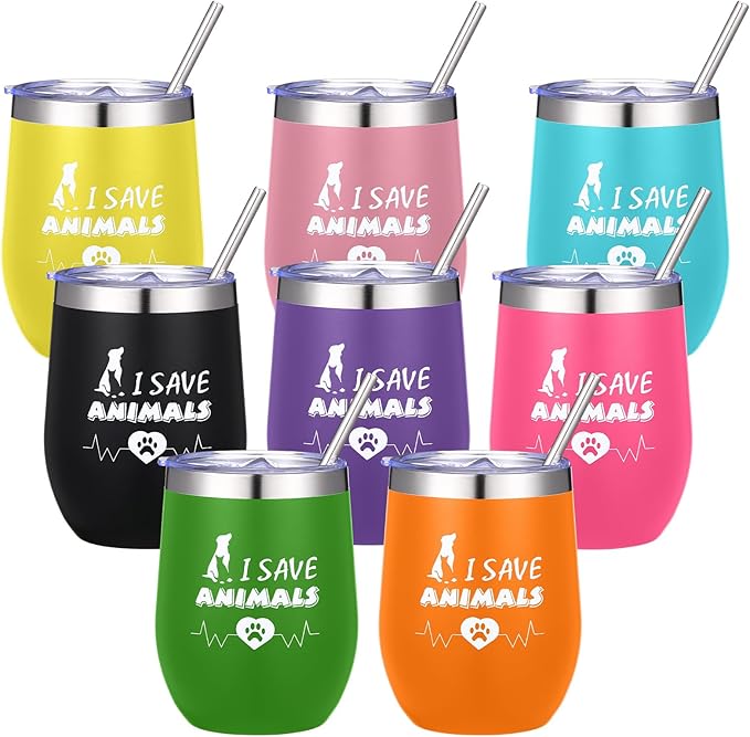 Sliner 8 Pcs Vet Receptionist Week Tumbler with Lid 12oz Stainless Steel Veterinarian Wine Cups for Veterinary Technologists Animal Rescue Volunteers Staff Coworker Gift