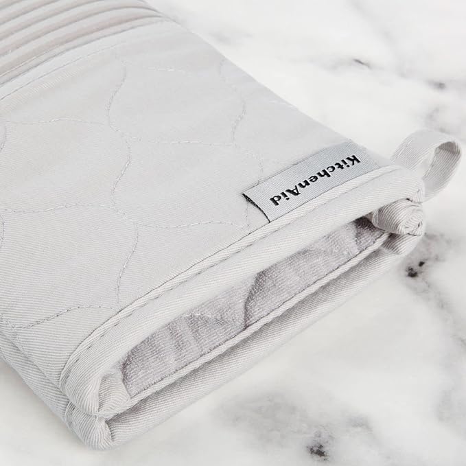 KITCHENAID Quilted Cotton Terry Cloth Oven Mitt, Pot Holder, Kitchen Towel 4-Pack Set, Heat Resistant, Silicone Grip, 16"x26", 7"x13" & 7"x10", Matte Grey