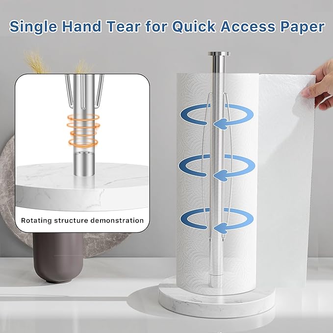 ZUNTO Paper Towel Holder Countertop, Freestanding Paper Towel Holder with Non-Slip Weighted Base for One-Hand Tear, Paper Towel Roll Holder for Kitchen Bathroom, White Marble Base