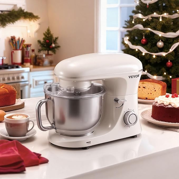 VEVOR Stand Mixer, 6 QT Dough Mixer, 660W 6 + P Speeds Tilt-head Food Mixer with Stainless Steel Bowl, Dough Hook, Wire Whip, Flat Beater, Scraper, Household Stand Mixer for Baking & Mixing, White