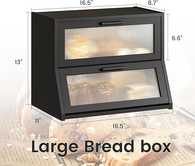 GHWIE Double Layer Bamboo Bread Box for Kitchen Counter,Large Capacity Bread Storage Bin,Bread Container with Acrylic Wavy Door Panel (Black, Medium)