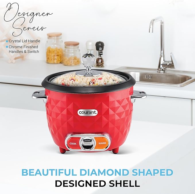 Courant Rice Cooker 10-Cup (Cooked) Steaming basket One-Touch Operation, Automatic Keep Warm Function, red