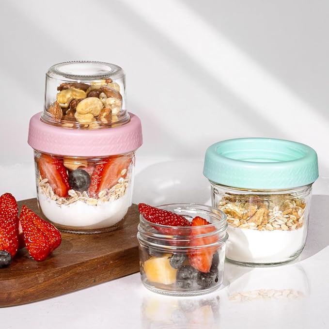 ComSaf Overnight Oats Containers with Lids (8oz+4oz, 2Pcs), Glass Yogurt Parfait Cups for Cereal Nut Fruit, Dual-Layer Chia Pudding Jars Reusable, Small Mason Jars for Salad, Meal Prep, Snack, Oatmeal