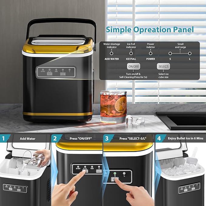 Electactic Ice Maker Machine Countertop Portable Compact Small Bullet Ice Maker with Self Cleaning,9 Cubes in 6 Mins,26lbs in 24Hrs, for Home and Kitchen(Black)