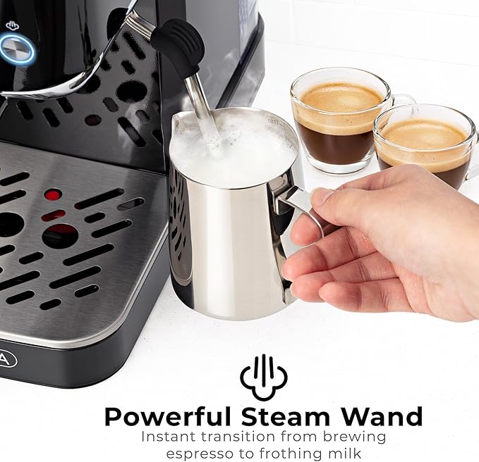 Zulay Kitchen Magia Compact Espresso Machine – 20 Bar Coffee Maker with Milk Frother Steam Wand, Latte & Cappuccino Maker, 1350W Fast Heating, 40oz Removable Water Tank, Stainless Steel – Black