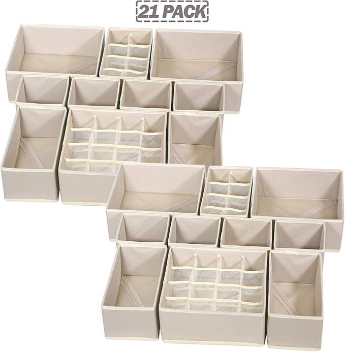 TENABORT 21 Pack Foldable Drawer Organizer Dividers Cloth Storage Box Closet Dresser Organizer Cube Fabric Containers Basket Bins for Underwear Bras Socks Panties Lingeries Nursery Baby Clothes Beige