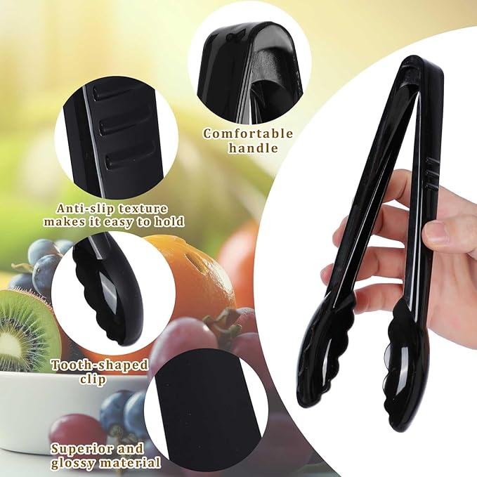 24 Pc Plastic Tongs for Serving 9 Inch Bulk Reusable or Disposable Tongs Heavy Duty Hard Plastic Serving Utensils Set Large Salad Tong for Kitchen Party Food Buffet Appetizer BBQ Event Catering(Black）