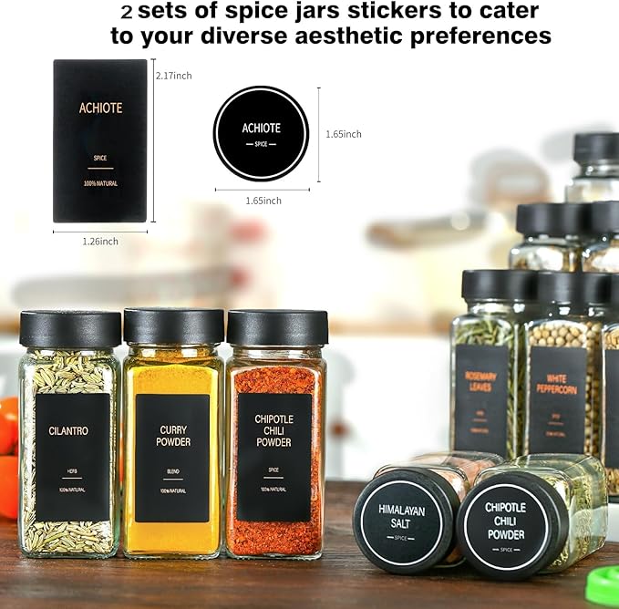 Spice Jars with Label，4oz Glass Spice Bottles With Shaker Lids，Seasoning Containers with Funnel, Chalk Pen for Cabinet，Drawer，Rack (Black, 24)