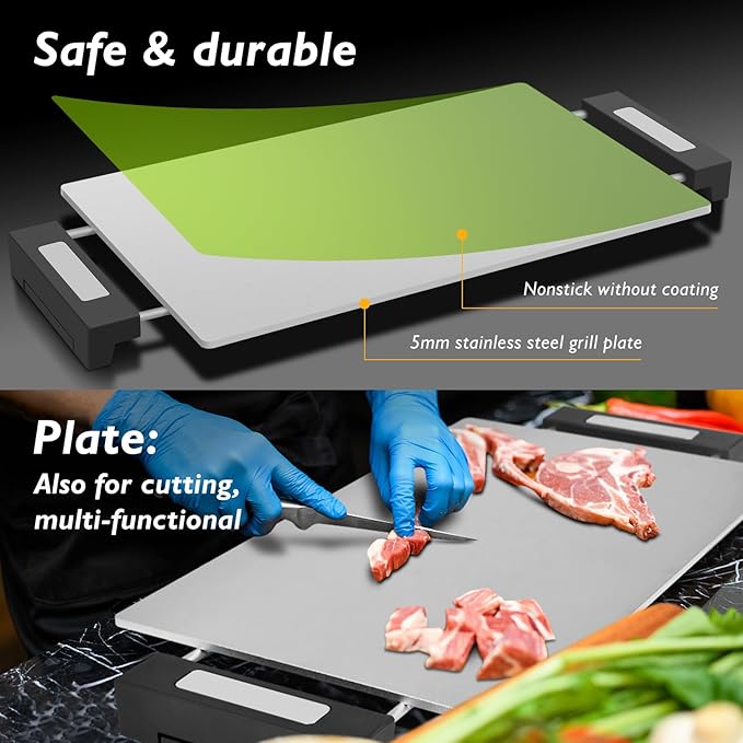 Electric Griddle 536°F Max Temp, Electric Grill Indoor Outdoor 14", Dishwasher-Safe Indoor electric skillet, Nonstick Flat Top Grill 5mm Stainless Steel Plates, Spatula & Fork