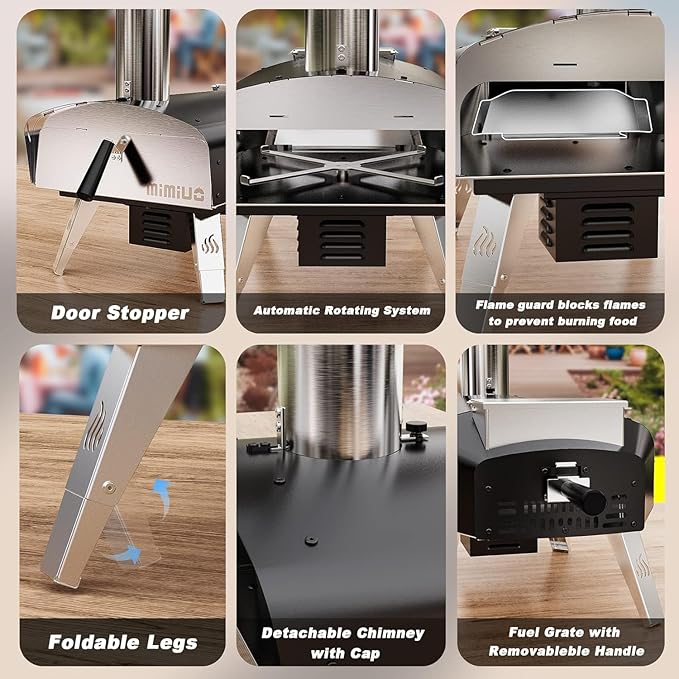Mimiuo Outdoor Pizza Oven Wood Pellet Fired Pizza Stove with Automatic Rotating Stone, Heavy Duty Pizza Stove for Backyard Camping, Bakes Pizza in 60 Seconds, Includes Pizza Stone, Peel & Cover