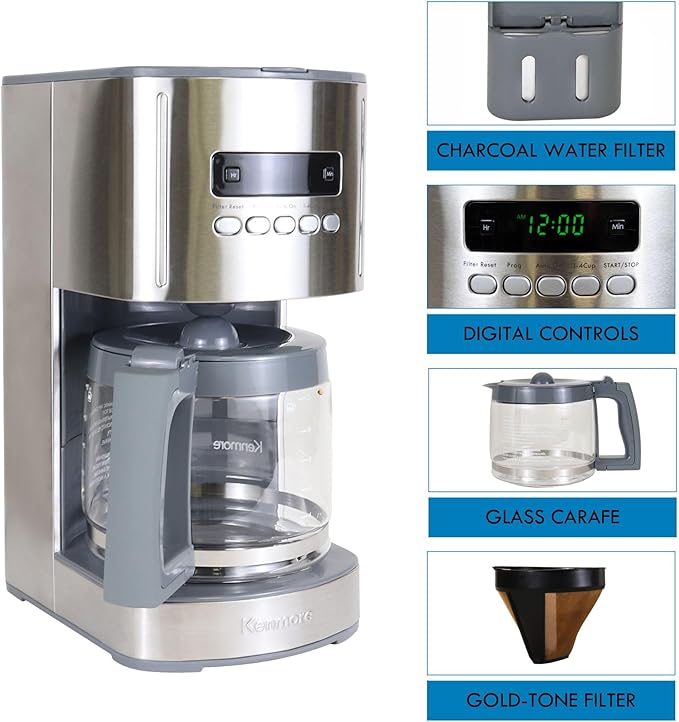 Kenmore Drip Coffee Maker - 12 Cup Programmable Cafe Machine With Glass Pot, Regular & Bold Brew, Auto Shut Off Large Water Reservoir, Reusable Filter, Kitchen Appliances For Cafeteria Barista