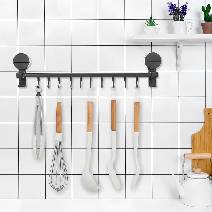 BESTOYARD Punchless Kitchen Utensil Hooks Wall Mount Rack with 10 Hooks, Adjustable Double Rod Organizer, Gray Suction Cup Holder for Cooking Tools and Measuring Cups