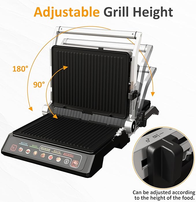 Sunvivi Indoor Grill & Griddle with Preset Menu, 1600W Electric Panini Press Sandwich Maker, Removable Nonstick Plates, Locking Lid, Double-sided Grill with 180° Flat Opening, Stainless Steel, Black