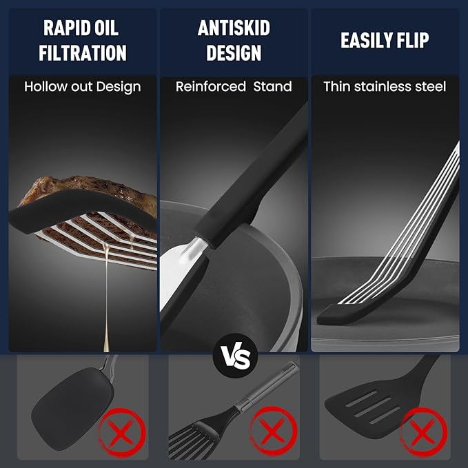 Silicone Fish Spatula Turner Set of 2,2-in-1 Heat Resistant Silicone Slotted Fish Spatulas for Nonstick Cookware,Flexible Thin Stainless Steel Slotted Fish Turner Spatula Flipper for Fish,Egg,Pancake