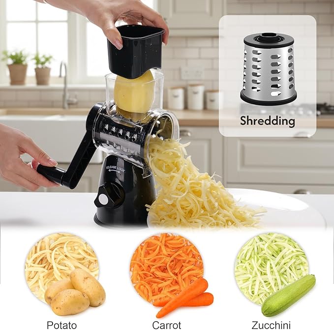 JIUMEXES Rotary Cheese Grater Hand Crank with 3-in-1 Blades – Fast, Safe & Effortless Grating, Perfect for Cheese, Vegetables & Chocolate, BPA-Free, Stable Suction Base