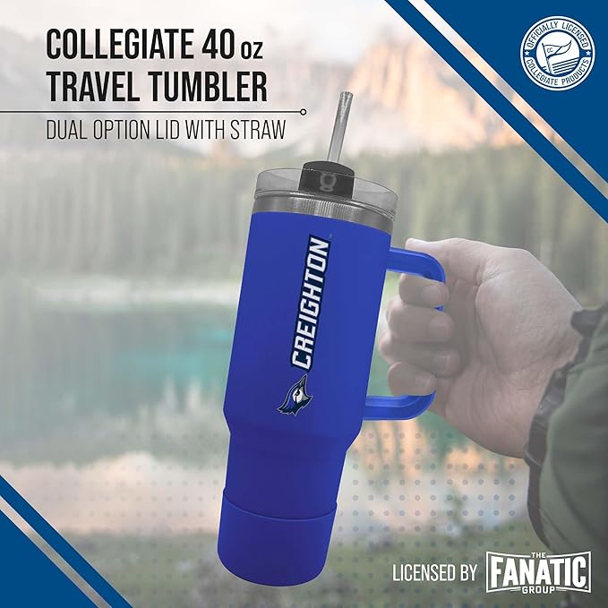 Campus Colors College & University 40 oz Travel Tumbler With Handle - Dual Option Lid With Straw - Vacuum Insulated Stainless Steel (Creighton Bluejays - Royal)