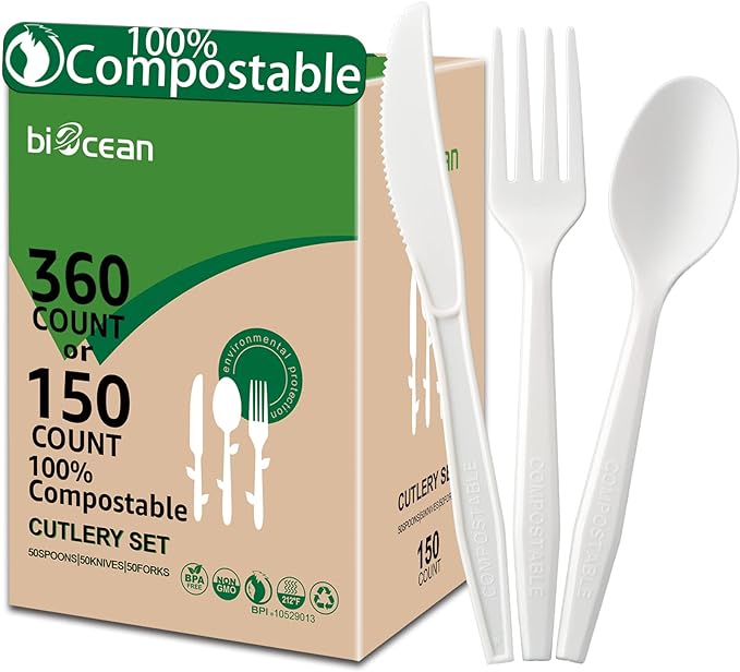 100%Compostable No Plastic Knives Forks Plastic Spoons Disposable Utensils, The Heavyweight Heavy Duty Flatware is Eco Friendly Products for Lounge Party Wedding BBQ Picnic Camping [360 Count]
