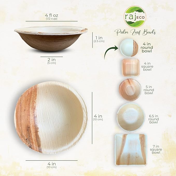 Raj Disposable Palm Leaf Bowls (100 Count, 4" Bowls) Strong Bowl Like Bamboo Party Bowl - Decorative Compostable Tableware for Lunch, Dinner, Birthday, Outdoor, BBQ, Picnic, Parties