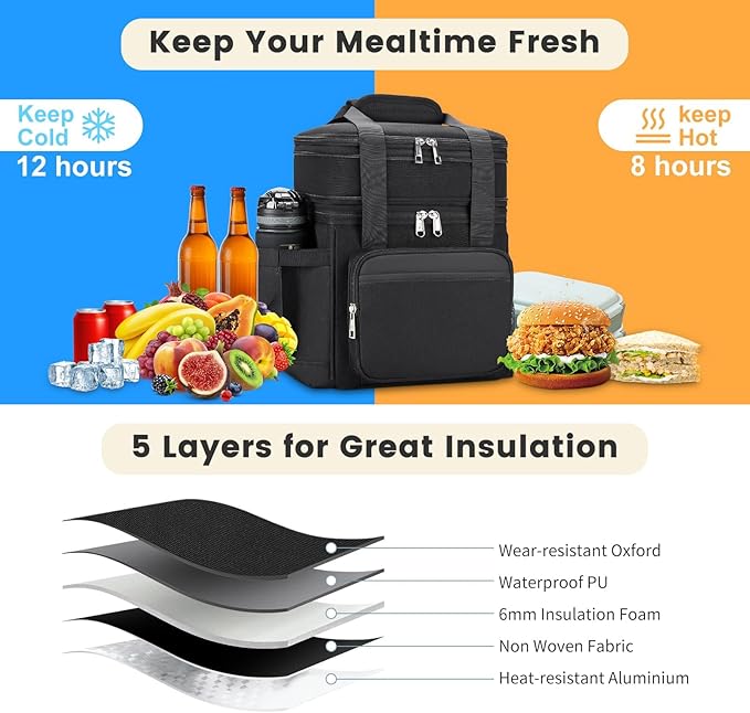 holuxer Insulated Lunch Bag & Lunch Box for Men - Double Deck Reusable Lunch Bag for Women Tote Cooler Bag Leakproof Soft Expandable - Large Lunchbox for Work/Adult/Picnic/Outdoor (Black，15L)