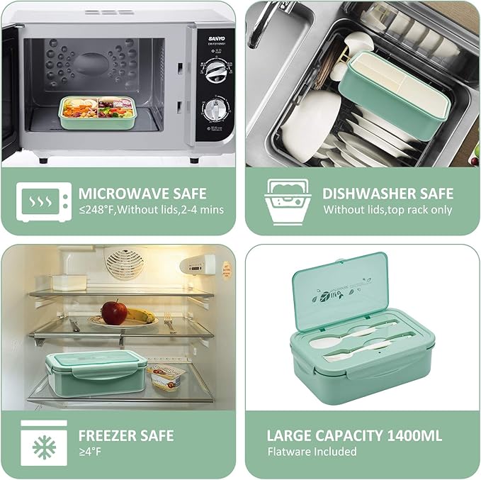 Bento Boxes for Adults - 1100 ML Bento Lunch Box For Kids Childrens With Spoon & Fork - Durable Perfect Size for On-the-Go Meal, BPA-Free and Food-Safe Materials(Green)