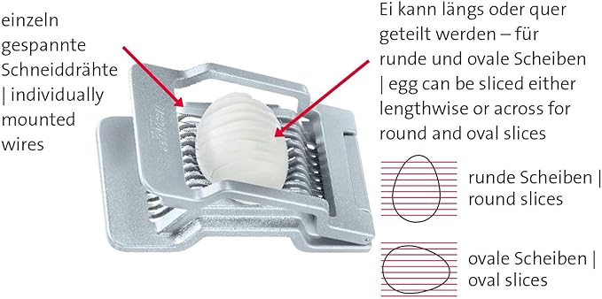 Westmark Egg Slicer Justus for Hard Boiled Eggs with Individually Tensioned Stainless Steel Wire Cutters, German Heavy Duty Aluminium Slicer for Round & Oval Eggs, Dishwasher Safe, Grey